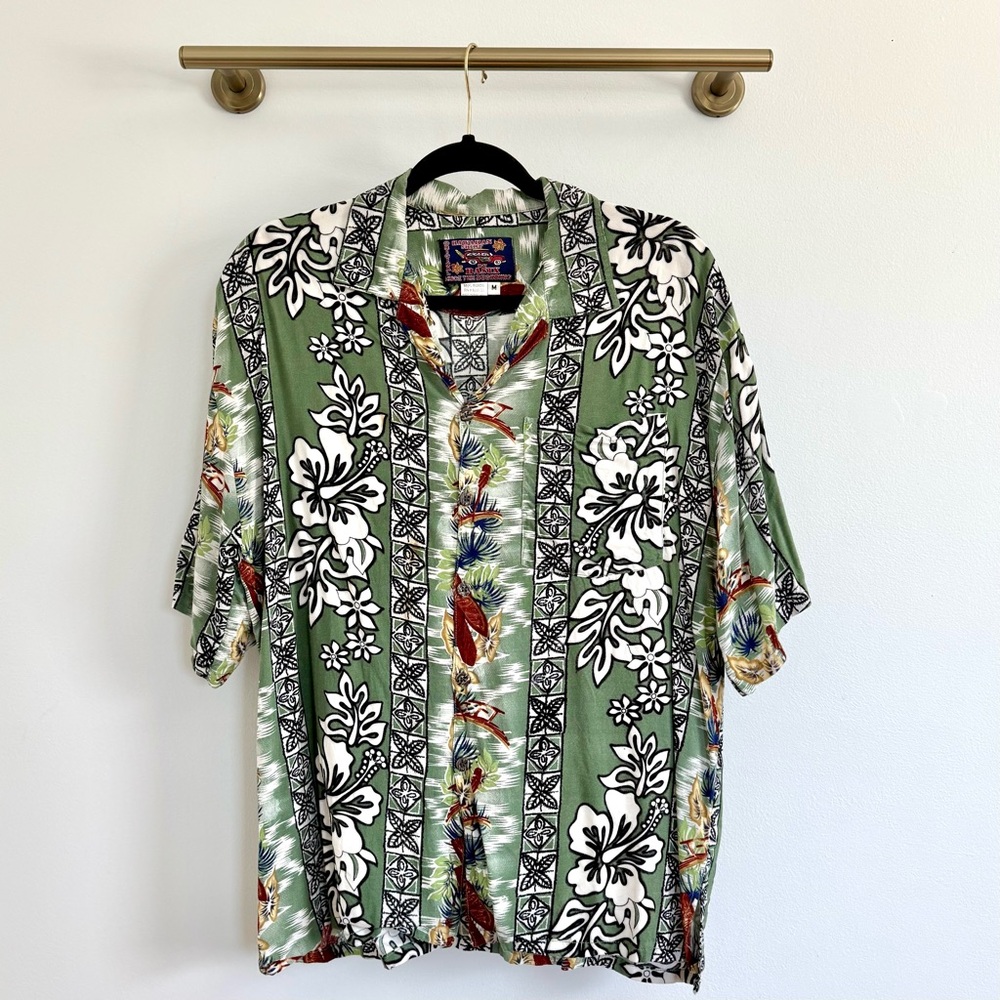 Vintage Green Floral Hawaiian Shirt by Basix Button Down Lightweight Beachwear